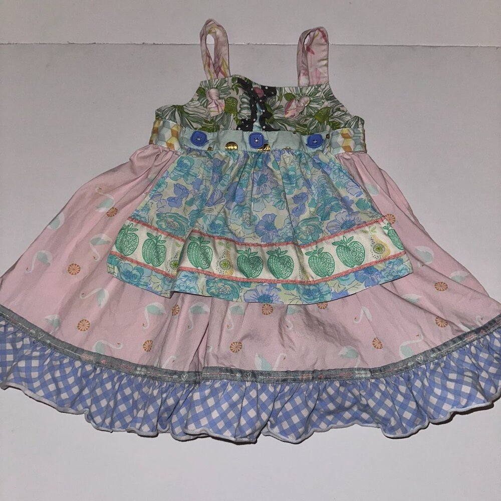 MATILDA JANE size 2T APRON DRESS adjustable straps floral checks apples